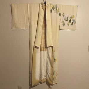 Vintage Cream Japanese Silk Kimono with Handpainted Trees